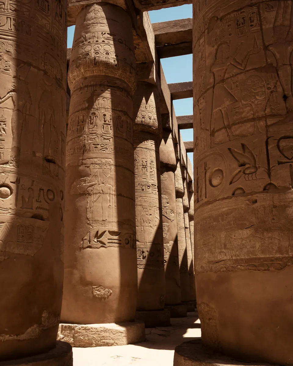 Carved stone columns of an ancient Egyptian temple